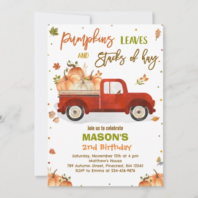 Pumpkin Truck Birthday Party Fall Pumpkin Birthday Invitation (Front)