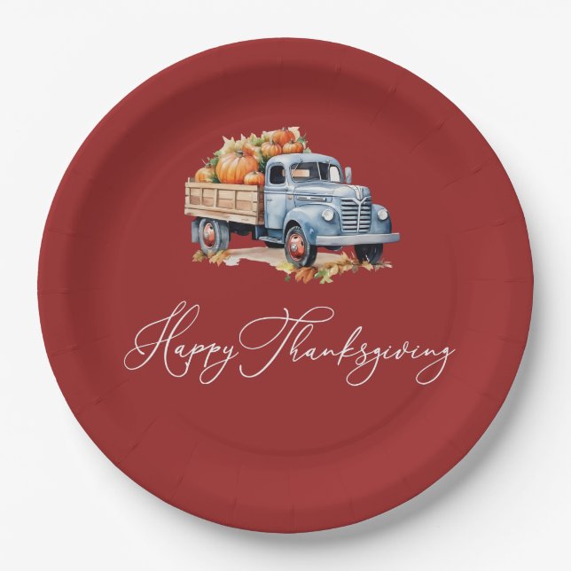 pumpkin truck happy thanksgiving paper plate (Front)
