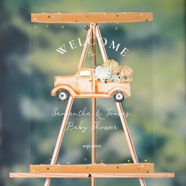 Pumpkin Truck Modern Fall Baby Shower  Acrylic Sign (Neutral)
