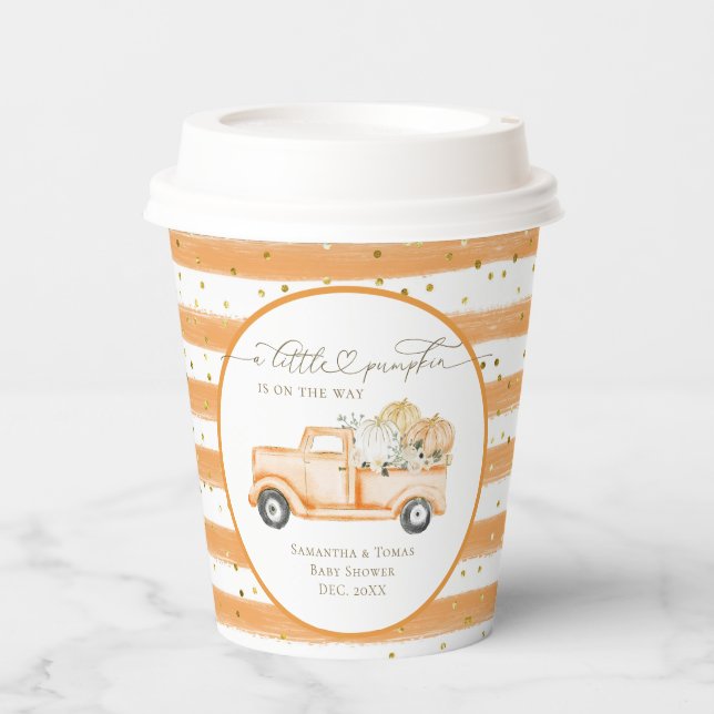 Pumpkin Truck Modern Fall Baby Shower Paper Cups (Front)
