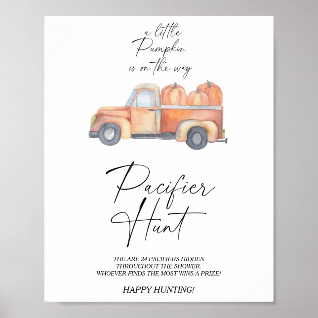 Pumpkin truck pacifier hunt baby shower game poster (Front)