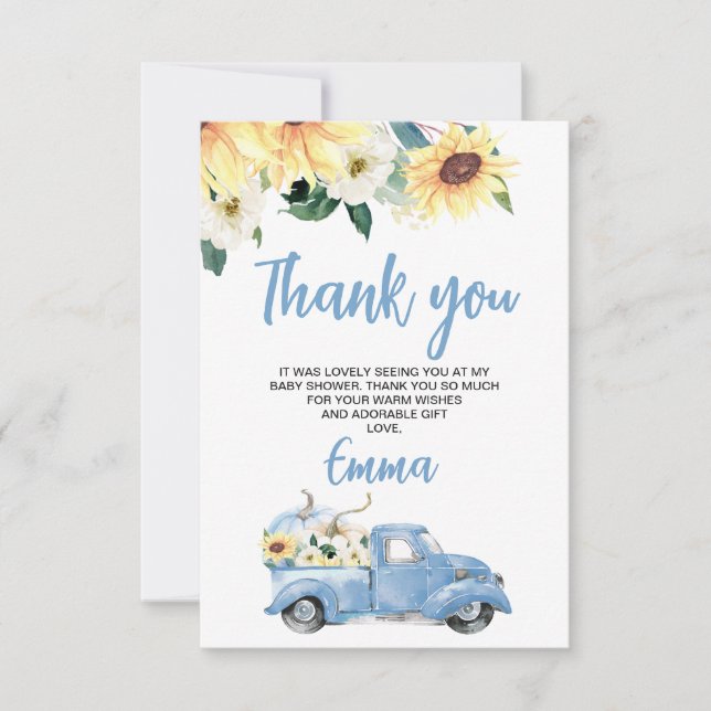 Pumpkin Truck Sunflower Baby Shower Thank You Card (Front)