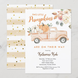 Pumpkin Truck Twins Floral Baby Shower Invitation