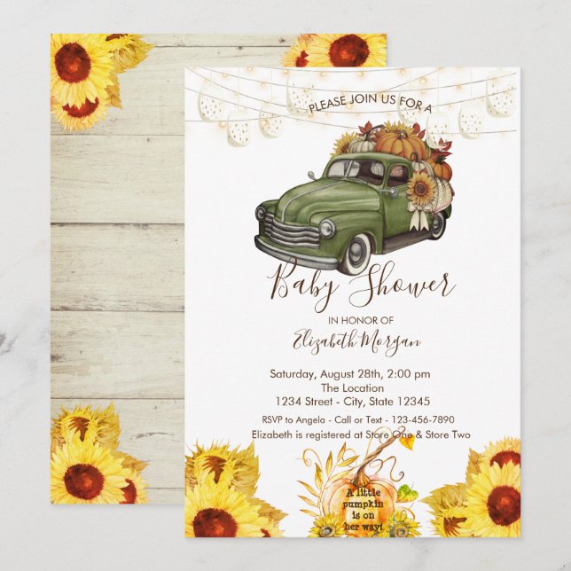 Pumpkin Truck, Wood Texture,Sunflowers Baby Shower Invitation (Front/Back)