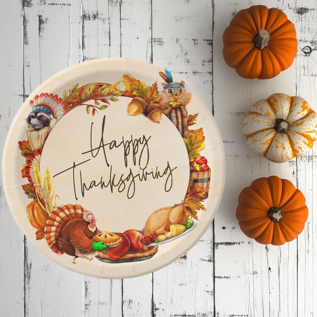 Pumpkin Turkey Happy Thanksgiving Frame Paper Plate (Creator Uploaded)