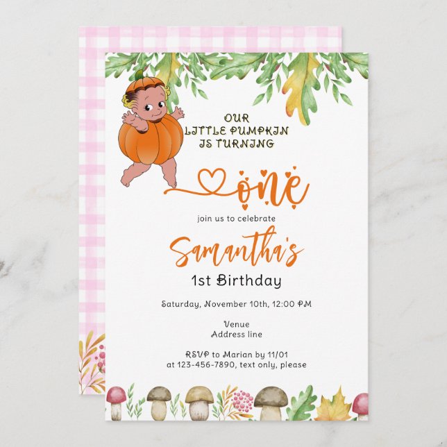 Pumpkin Turning One Mushrooms Plaid 1st Birthday Invitation (Front/Back)