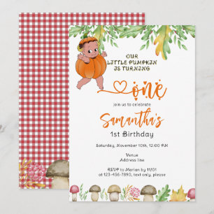 Pumpkin Turning One Mushrooms Plaid 1st Birthday Invitation