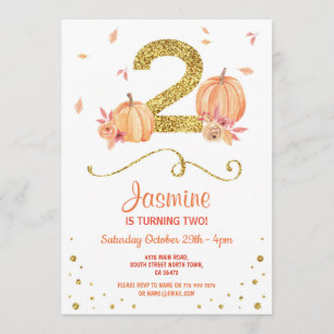 Pumpkin TWO Birthday 2nd Fall Party Gold Invite