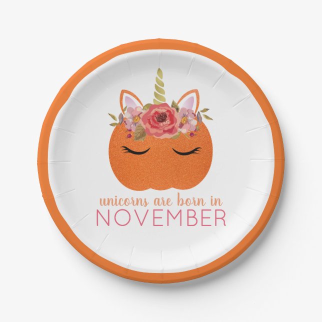 Pumpkin Unicorns are born in November Birthday Paper Plate (Front)