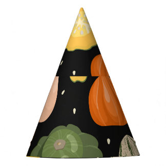 Pumpkin varieties, autumn seamless illustration. party hat