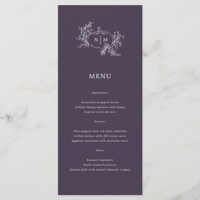 Pumpkin Vines Dark Plum Purple Monogram Wedding  Menu (Front)