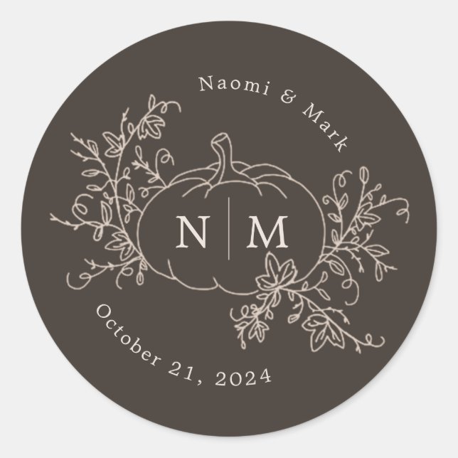 Pumpkin Vines Monogram Wedding Classic Round Stick Sticker (Front)