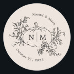 Pumpkin Vines Monogram Wedding Classic Round Sticker<br><div class="desc">Elegant pumpkin line drawing featuring vines,  botanicals and a wedding monogram.</div>