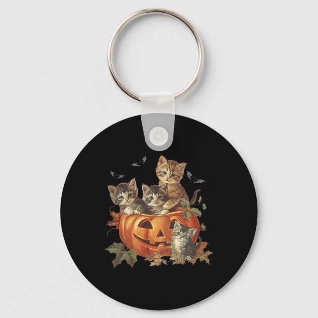 Pumpkin Vintage 90s Cat Retro Halloween  Key Ring (Front)