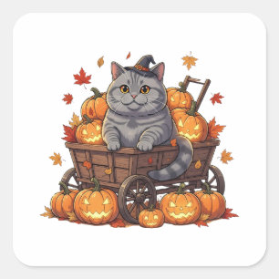 Pumpkin Wagon Brit – British Shorthair Halloween Square Sticker