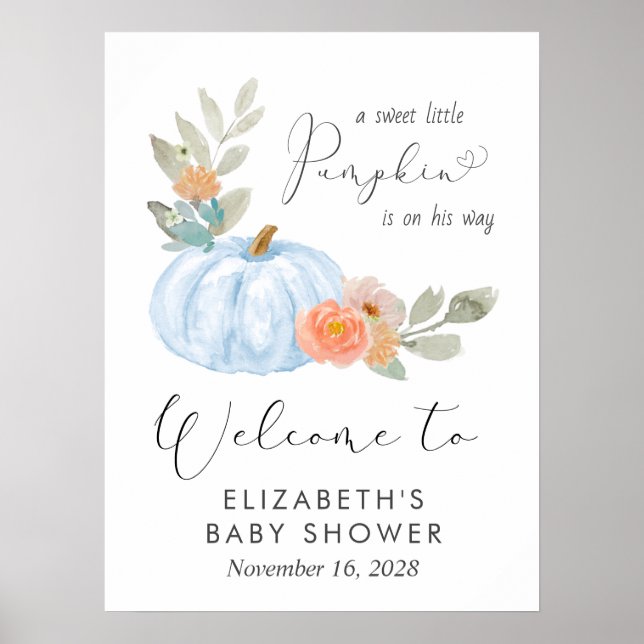 Pumpkin Watercolor Baby Boy Shower Welcome Poster (Front)