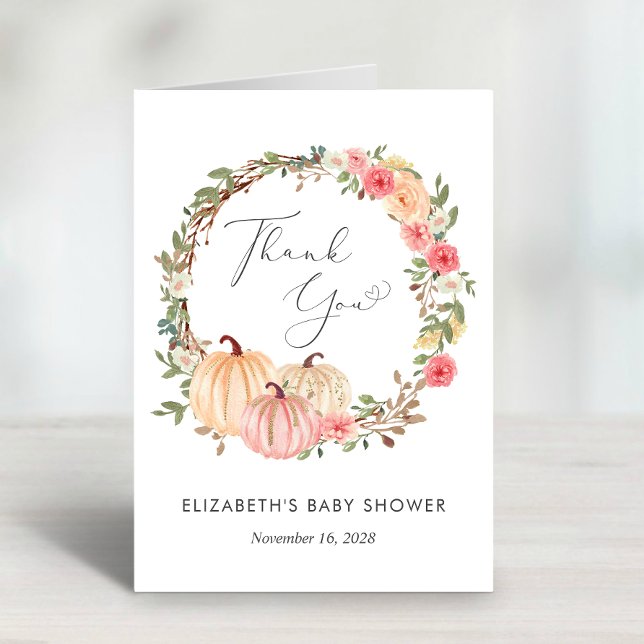 Pumpkin Watercolor Baby Girl Shower Thank You Card (Creator Uploaded)