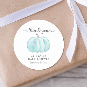Pumpkin Watercolor Blue Baby Shower Thank You Classic Round Sticker