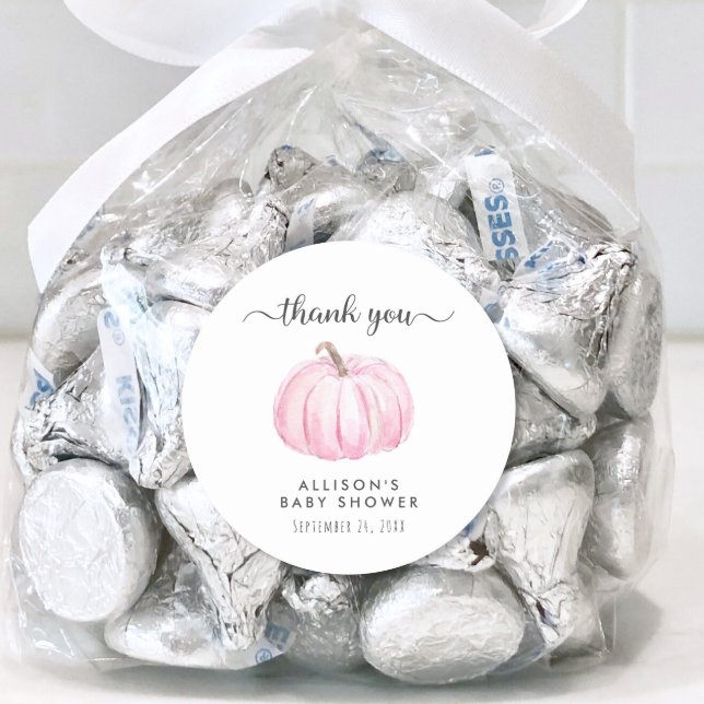 Pumpkin Watercolor Pink Baby Shower Thank You Classic Round Sticker (Creator Uploaded)