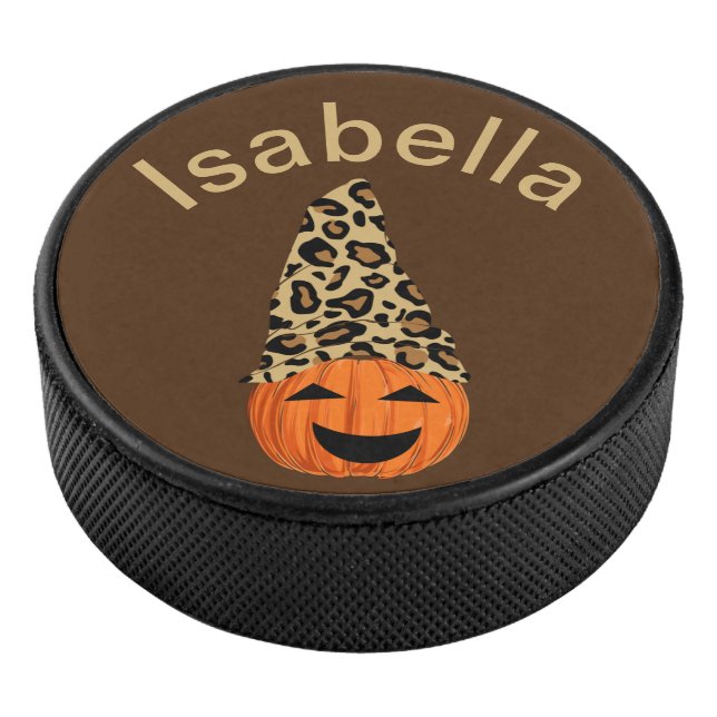 Pumpkin Wearing A Leopard Hat Hockey Puck (3/4)