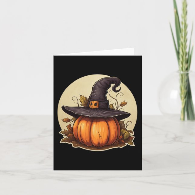 Pumpkin Wearing Witch Hat Costume Halloween Card (Front)