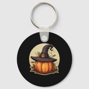 Pumpkin Wearing Witch Hat Costume Halloween Key Ring