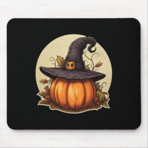 Pumpkin Wearing Witch Hat Costume Halloween Mouse Pad