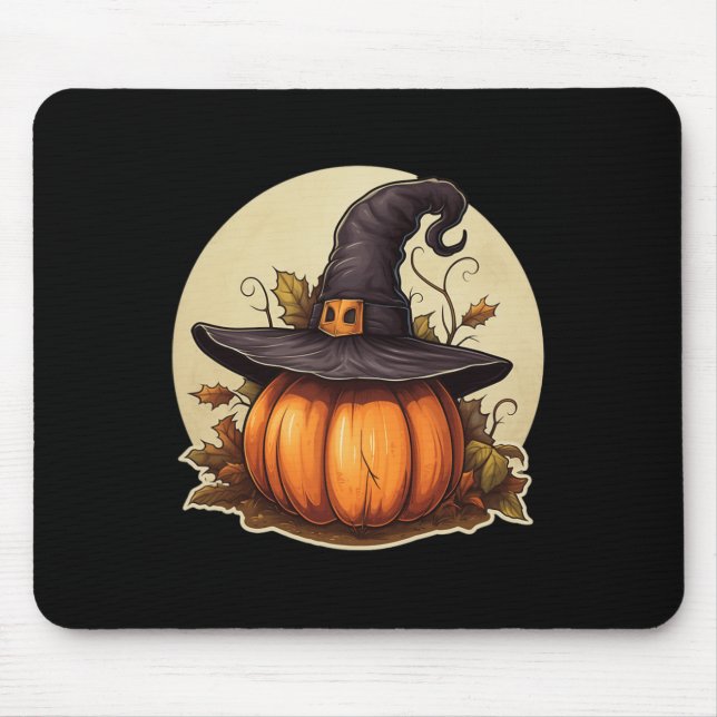 Pumpkin Wearing Witch Hat Costume Halloween Mouse Pad (Front)