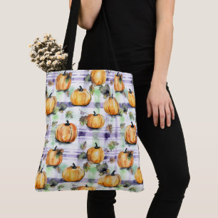 Pumpkin Whimsy on Woodland Plaid Tote Bag