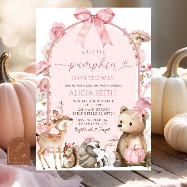 Pumpkin White and Pink Forest Woodland Baby Shower Invitation (Creator Uploaded)
