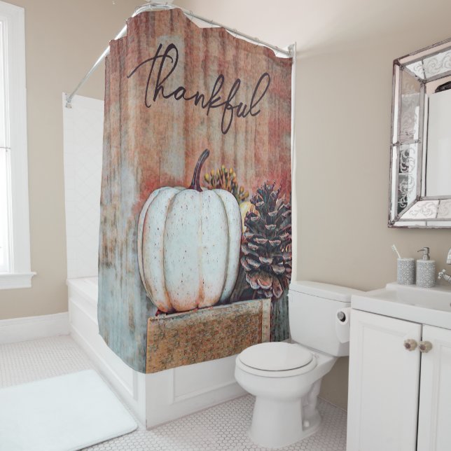 Pumpkin White Autumn Rustic Farmhouse Thankful Shower Curtain (In Situ)
