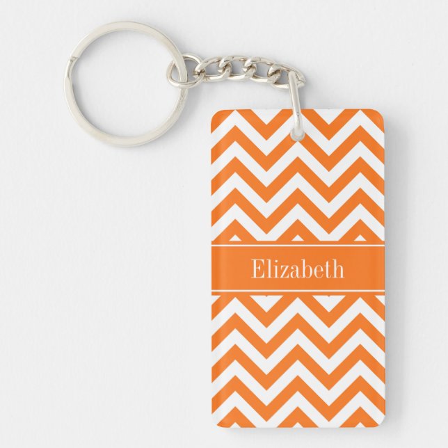 Pumpkin White Chevron, Pumpkin Name Monogram Key Ring (Front)