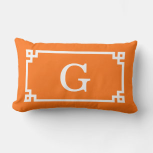 Pumpkin White Greek Key Frame #2 Initial Monogram Lumbar Cushion