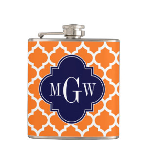 Pumpkin White Moroccan #5 Navy 3 Initial Monogram Hip Flask