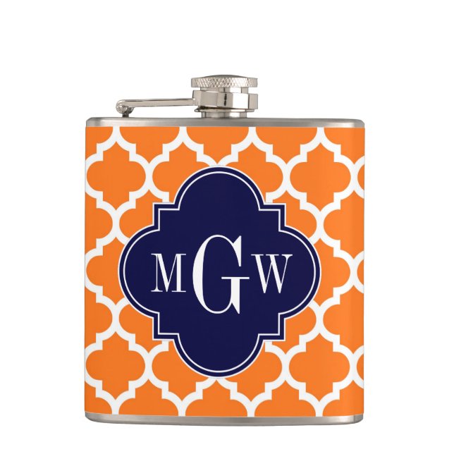 Pumpkin White Moroccan #5 Navy 3 Initial Monogram Hip Flask (Front)