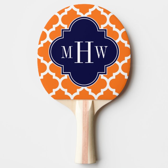 Pumpkin White Moroccan #5 Navy 3 Initial Monogram Ping Pong Paddle (Front)