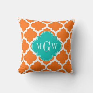 Pumpkin White Moroccan #5 Teal 3 Initial Monogram Cushion