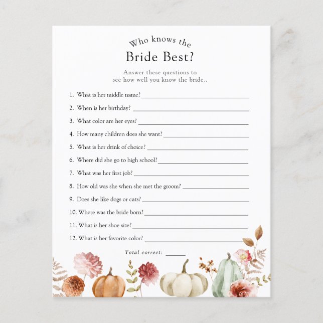 Pumpkin Who Knows the Bride Best Bridal Game (Front)