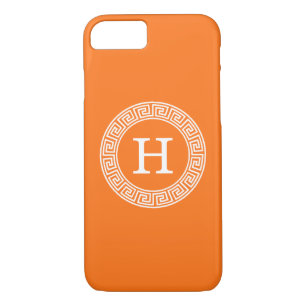 Pumpkin Wht Greek Key Rnd Frame Initial Monogram iPhone 8/7 Case