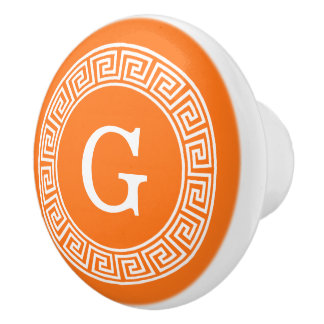 Pumpkin Wht Greek Key Rnd Frame Initial Monogram Ceramic Knob