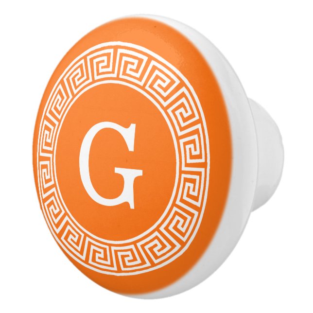 Pumpkin Wht Greek Key Rnd Frame Initial Monogram Ceramic Knob (Right)