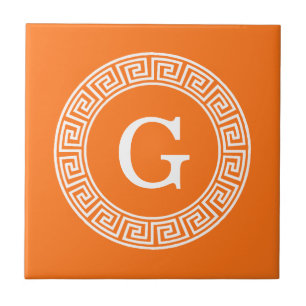 Pumpkin Wht Greek Key Rnd Frame Initial Monogram Ceramic Tile
