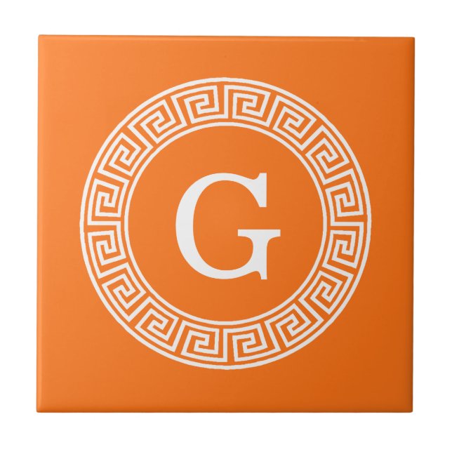 Pumpkin Wht Greek Key Rnd Frame Initial Monogram Ceramic Tile (Front)