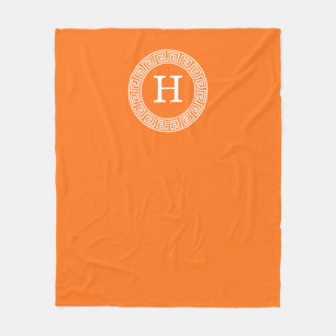 Pumpkin Wht Greek Key Rnd Frame Initial Monogram Fleece Blanket