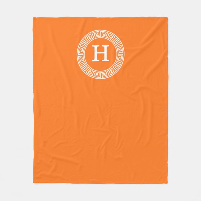 Pumpkin Wht Greek Key Rnd Frame Initial Monogram Fleece Blanket (Front)