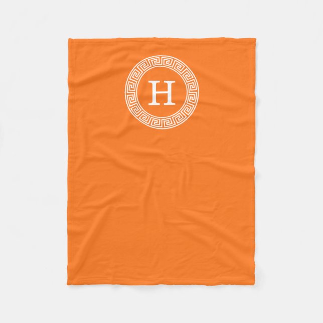 Pumpkin Wht Greek Key Rnd Frame Initial Monogram Fleece Blanket (Front)