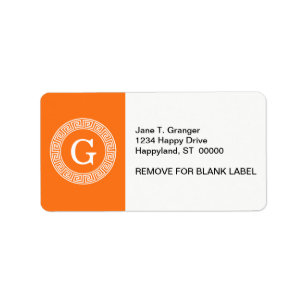 Pumpkin Wht Greek Key Rnd Frame Initial Monogram Label