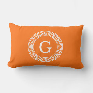 Pumpkin Wht Greek Key Rnd Frame Initial Monogram Lumbar Cushion