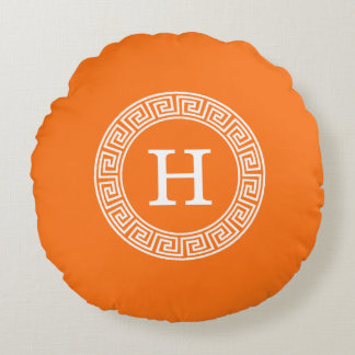 Pumpkin Wht Greek Key Rnd Frame Initial Monogram Round Cushion