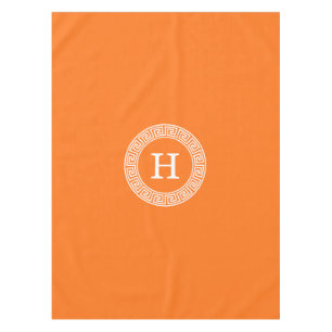 Pumpkin Wht Greek Key Rnd Frame Initial Monogram Tablecloth